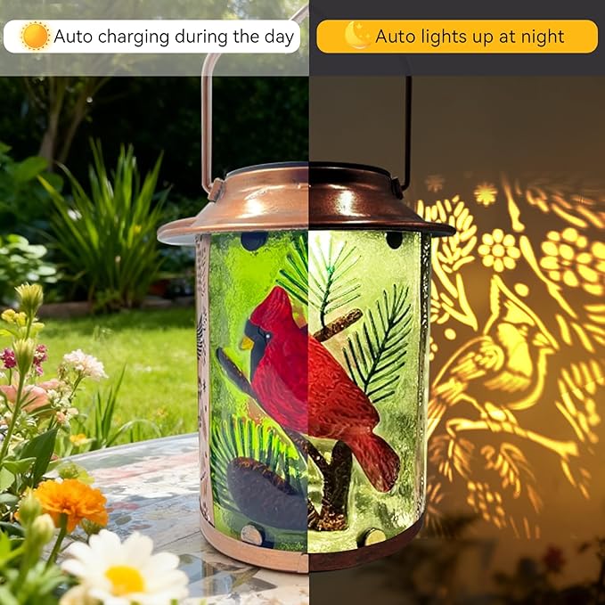 10" H Cardinal Solar Lanterns Outdoor, Metal Glass Hanging Solar Lanterns with Hollow Out Retro Cardinal Lights, Decorative for Garden Yard Patio Pathway Tabletop Gifts