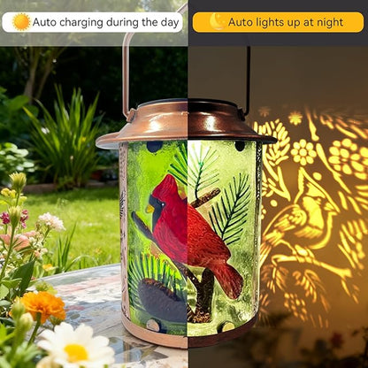 10" H Cardinal Solar Lanterns Outdoor, Metal Glass Hanging Solar Lanterns with Hollow Out Retro Cardinal Lights, Decorative for Garden Yard Patio Pathway Tabletop Gifts