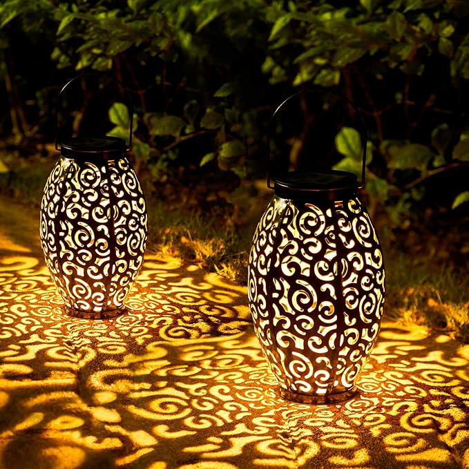 Solar Lanterns Outdoor Waterproof, 2 Pack Solar Garden Lanterns, LED Hanging Lanterns Solar Powered with Handle, Garden Decorative Retro Metal Solar Light for Table Pathway Walkway, Gardening Gifts