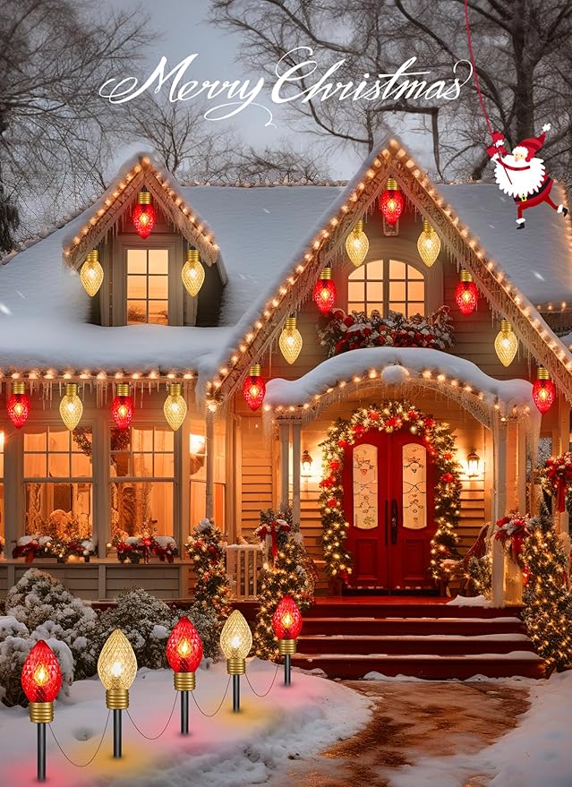 Moonflor Strawberry Jumbo C9 Christmas Lights Outdoor - 2 Pack Total 17FT 10 LED Jumbo C9 Christmas Pathway Lights Outdoor, Christma Decoration for Outside Lawn, Red & Warm White