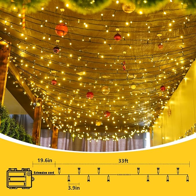 QITONG 2 Pack Warm White Battery Operated String Lights, Each 33ft 100 LED Christmas Lights Outdoor with Remote, Green Wire Twinkle Lights Indoor