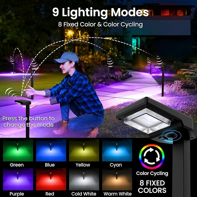 Solar Pathway Lights Outdoor, Smart Color Changing with 9-in-1 (Warm White/Cool White/RGBCW) Modes,Bright Landscape Lighting Waterproof for Walkway,Garden,Driveway,Yard,Patio(4pack)