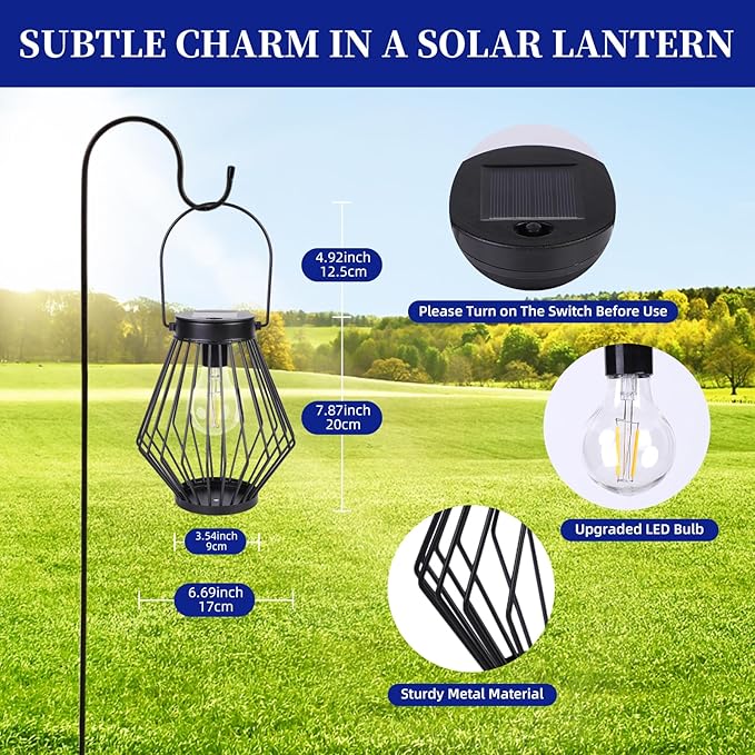 Solar Lanterns Outdoor Waterproof, 2 Pack Metal Decorative Hanging Lantern Lights with Warm White LED Bulb, Solar Powered Patio, Yard & Garden Decor, Ideal for Housewarming & Christmas Gifts