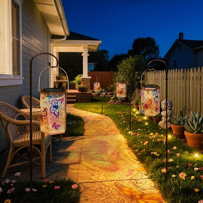 2Pack Solar Lanterns Outdoor Waterproof Butterfly Gifts for Women, 3D Colorful Solar Garden Yard Lanterns, Gardening Gifts for Women, Mothers' Day GIFS Mom, Birthday Gifts