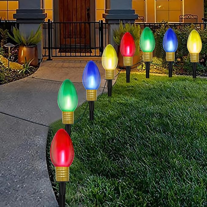 Jumbo C9 Christmas Pathway Lights Outdoor,14FT 8 LED C9 Jumbo Multicolor Christmas Walkway Lights, Connectable Outdoor Decorations Stakes Light for Outside Lawn Yard Garden Sidewalk Driveway