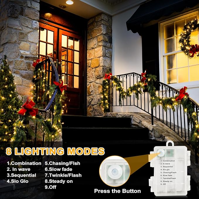 2 Pack Christmas String Lights Battery Operated with 8 Modes, 66FT 200 LED Fairy Lights with Timer, Waterproof Twinkle Lights for Indoor and Outdoor Christmas Decorations(Warm White)
