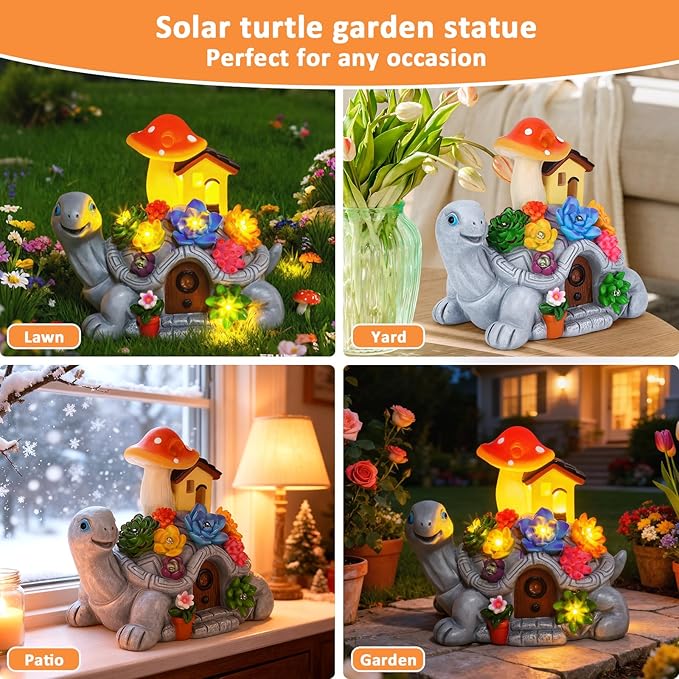 Solar Garden Outdoor Statues Turtle with 8 LED Lights, Shatter-Resistant Resin Tortoise Garden Ornaments for Yard, Patio, Lawn, Balcony, Home, Mom Birthday Gifts for Women Grandma