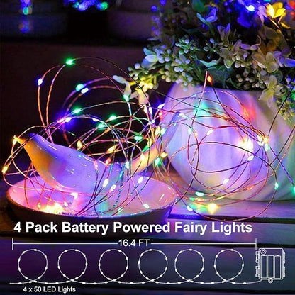 4 Pack Battery Operated Fairy Lights 16.4 Ft 50 LED Christmas Fairy Lights with Auto Timer 8 Modes, Waterproof Silver Wire Battery Twinkle Lights for Wedding Christmas Decor (Multicolor)