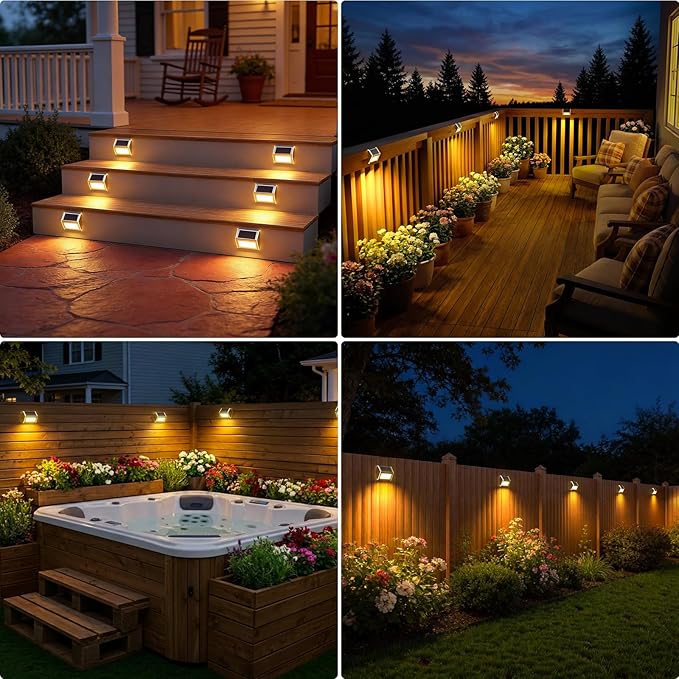 JSOT Solar Lights Outdoor for Deck,Waterproof Solar Powered Steps Light Outdoor Wireless LED Lamp Fence Lighting Walkway Patio Stair Garden Path Rail Backyard Fences Post 8 Pack Warm White