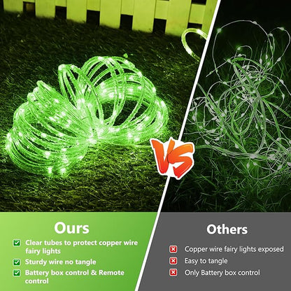 Jnaurb Battery Operated Rope Lights for Outside, 33FT 100LED 8 Modes Battery Operated String Lights, Waterproof Christmas Fairy Light with Remote for Outdoor Indoor Patio Xmas Party Decoration - Green