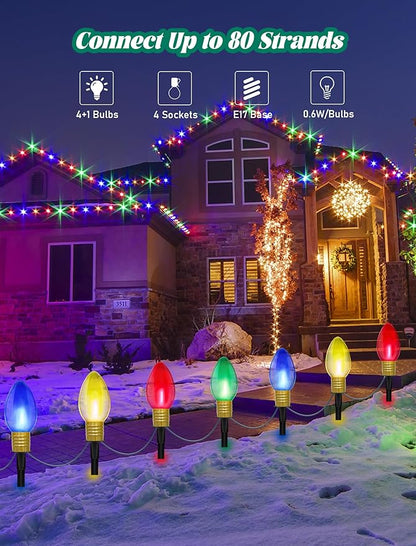 C9 Christmas Multicolor Pathway Lights, 7Ft Outdoor Christmas Pathway Markers Stakes Lights with 4 Jumbo C9 Multicolor LED Bulbs, Connectable Xmas Walkway Light for Driveway Yard Lawn Garden