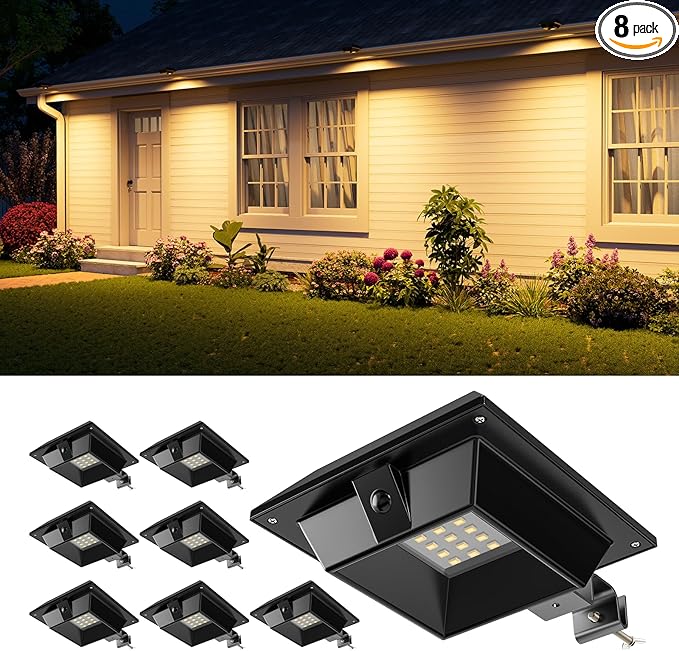 8 Pack Solar Powered Gutter Lights Outdoor Waterproof 12 LED Clip Gutters Light for Eaves, Roof, Rainspout, Fence, Railing, Wall, Garage, House Porch, Deck, Yard, No Drilling Installation(Warm White)