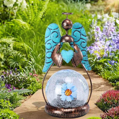 MUMTOP Angel Solar Lights Outdoor Garden - Solar Lanterns Light Decorative Waterproof with Glass Cracked Globe Tabletop Lantern Lamp Ornaments for Yard Patio Decor Gift (Hold Heart)