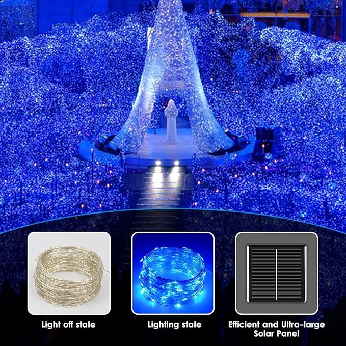 Blue Solar String Lights Outdoor, 2 Pack Total 80FT 200 LED Solar Twinkle Lights for Outside, Waterproof Copper Wire 8 Modes Fairy Light for Garden Tree Party Birthday Patio Christmas Decorations