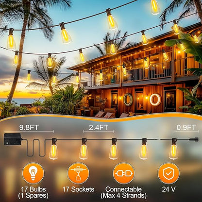 Outdoor String Lights, 50ft Waterproof ST38 Shatterproof Bulb Patio Lights, Backyard & Gazebo Hanging Lights