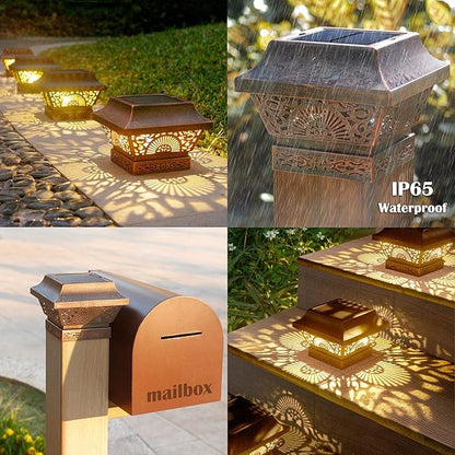 DenicMic Solar Post Lights 2 Pack Post Cap Solar Lights Outdoor Waterproof Metal 25 Lumen Warm White LED Lighting for 3.5x3.5 4x4 5x5 Wooden Fence Posts Deck Rail Yard Patio (Copper)