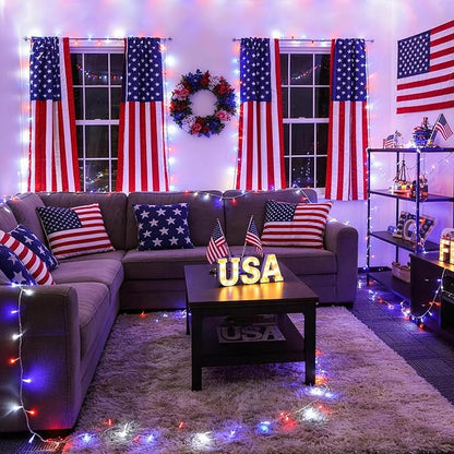 JMEXSUSS 33ft 100 LED Red White and Blue Lights Outdoor, 4th of July Lights Battery Operated with Remote, 8 Modes Patriotic Decorations for Indoor Outside Independence Day American Flag Holiday