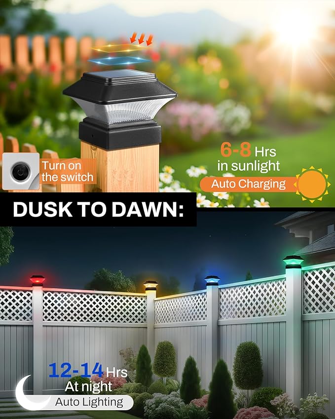 6 Pack RGBW Solar Post Cap Light – 5 Modes, Fits 4x4 4x6 Posts, 50 Lumen Decorative Post Lights Waterproof for Decks, Gardens, Fences, and Patios – Christmas & Multi-Color Outdoor Lighting