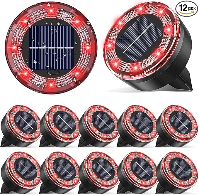 12-Pack Red In-Ground Solar Lights, Flat LED Driveway