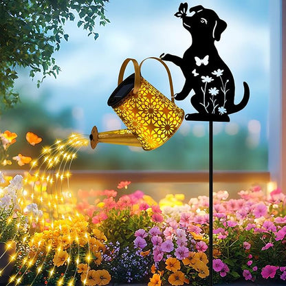Christma Gifts Solar Lights Outdoor Decorative, Watering Can with Cascading Lights, with Dog Silhouette Garden Stakes, Gifts for Mom Women, Waterproof Metal Garden Decor for Yard Art, Outside(1 Pack)