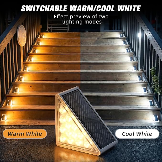NIORSUN Solar Step Lights 24 Pack - Outdoor Stair Lights with 3000K Warm White & 6000K Cool Daylight, IP67 Waterproof, Auto On/Off, Super Bright for Deck, Patio, Steps