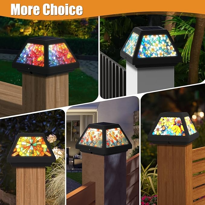 Solar Post Cap Lights - 4x4, 5x5, 6x6 Fence Post Solar Lights, Daffodils Lampshade, 15LM Bright LED, IP65 Waterproof Outdoor Post Lights for Garden, Yard, Deck, Warm White (Mosaic, 4)