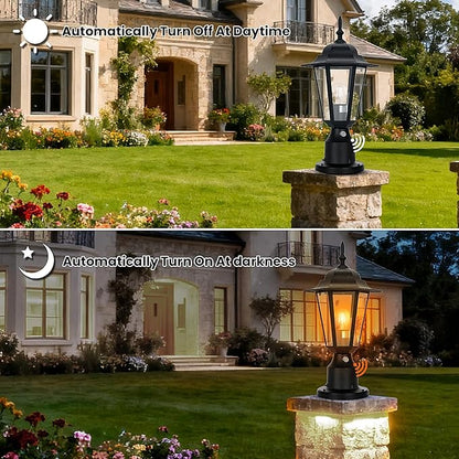 15" Dusk to Dawn Outdoor Post Light, Modern Black Outdoor Lamp Post Light Fixture, Lamp Posts Exterior Lighting Pole Lantern for Outside Porch Garage Street, Waterproof Aluminum & Glass, 1 Pack, E26