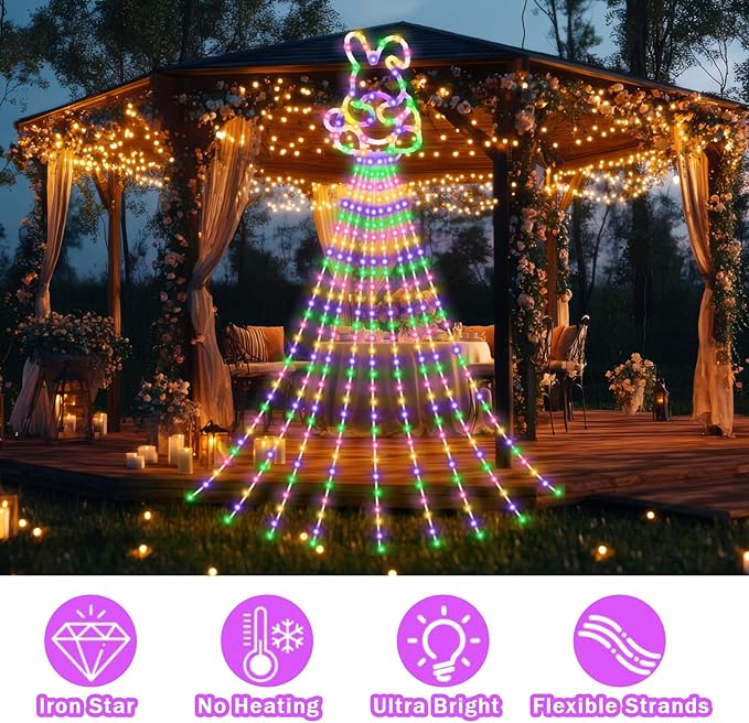 12 ft Easter Bunny Waterfall String Lights with 305 LED Colorful Bunny String Lights with 8 Modes Lighted Easter Outdoor Party Decoration for Tree Garden Yard Spring Themed Decor