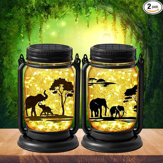 2 Pack Outdoor Hanging Solar Lanterns, Elephants Vintage Glass Mason Jar Fairy Lights, Birthday Mothers Day Gifts for Women Mom Grandma, Waterproof Garden Lights for Patio Yard Lawn Tree