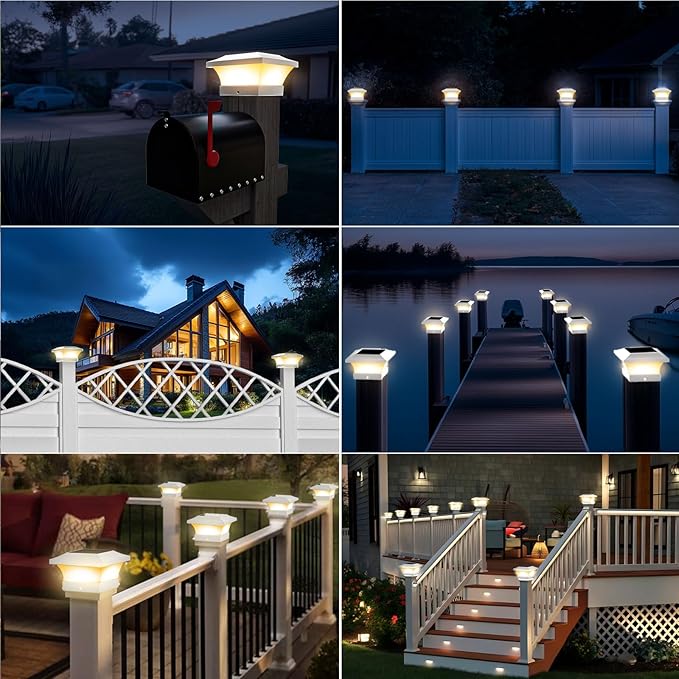 T-SUN Solar Post Cap Lights, Waterproof Outdoor Solar Powered Deck Fence Post Lights for 4 X 4 Wooden/Vinyl Posts, 3000K Warm White Lighting Decor for Deck, Patio, Garden, Porch, Fence(White - 2 Pack)