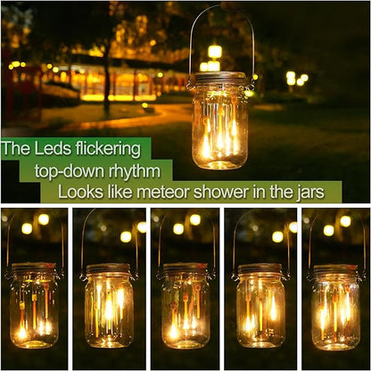 Solar Mason Jar Meteor Light Lanterns, Falling Raindrops Warm White LED Lights Build-in Mason Jar, Outdoor Decorative Waterproof with Stakes for Patio, Yard, Lawn, Tree (Mason Jar Lights, 4)