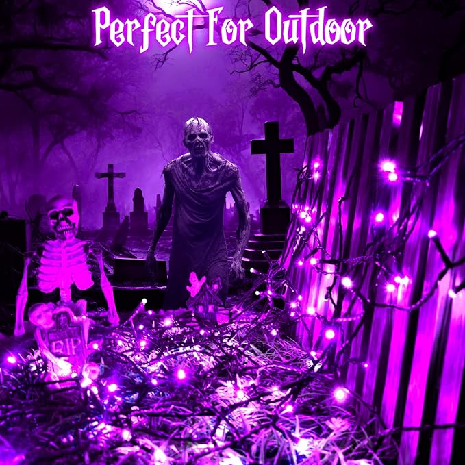 Purple Lights Halloween Lights String Total 100LED Battery Operated Outdoor 8 Modes with Timer 16.4Ft*2, 50LED*2 Waterproof Indoor for Halloween Decor, Purple, 2-Pack