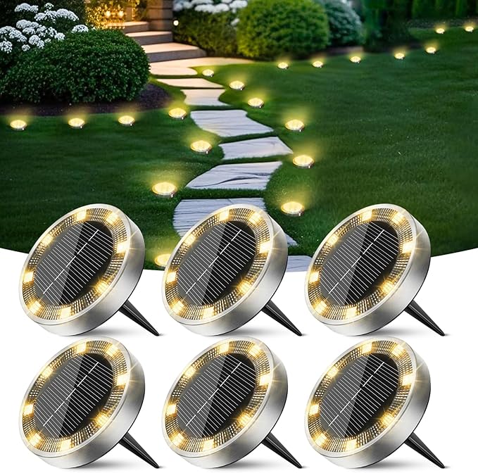 Peasur Solar Ground Lights Outdoor, 6 Pack Flat Solar Powered Disc Lights, IP68 Waterproof, Anti-Rust, Landscape Lighting for Pathway Garden Yard Lawn Walkway Landscape Driveway, Mini, Warm White
