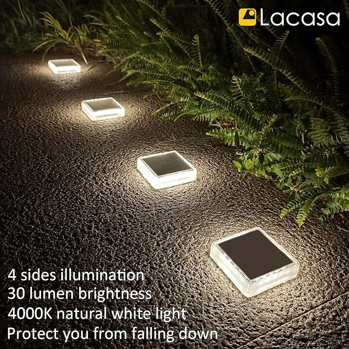Lacasa Solar Deck Lights, 4 Pack 30LM LED Dock Lights Natural White 4000K, Outdoor Solar Powered Step Lights Light up All Night IP68 Waterproof Auto ON/Off for Garden Stairs Driveway Pathway Lighting