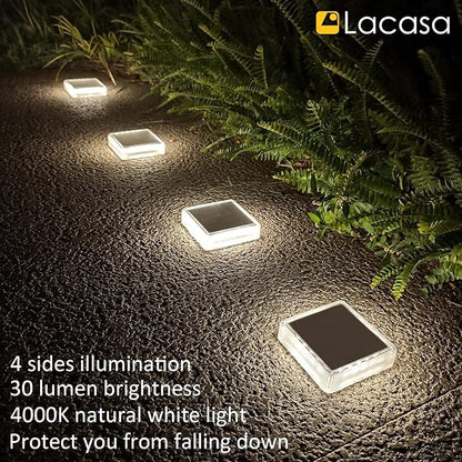 Lacasa Solar Deck Lights, 4 Pack 30LM LED Dock Lights Natural White 4000K, Outdoor Solar Powered Step Lights Light up All Night IP68 Waterproof Auto ON/Off for Garden Stairs Driveway Pathway Lighting