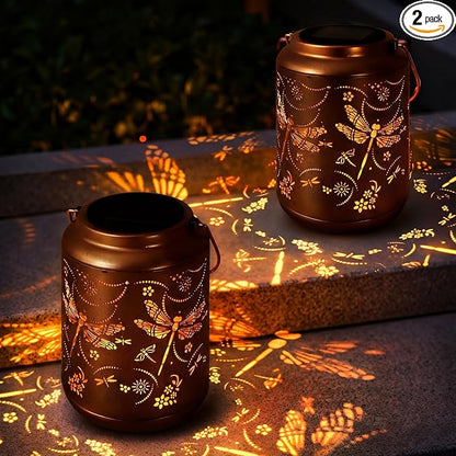 2-Pack Dragonfly Solar Lanterns Outdoor,Metal Hanging Solar Lights with Dragonfly Projection-Waterproof Garden Decor for Yard,Patio,Backyard,Porch-Gifts for Women,Mom,Grandma,Sister