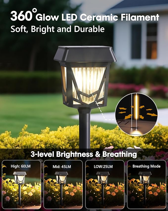 Solar Pathway Lights, Outdoor Lights Waterproof 6 Pack, Large Solar Panel, Type-C Fast Charge, 36H Long Lasting, Auto On/OFF, Dimmer & Breathing, Outdoor Lamp for Path/Patio/Backyard/Garden Decoration