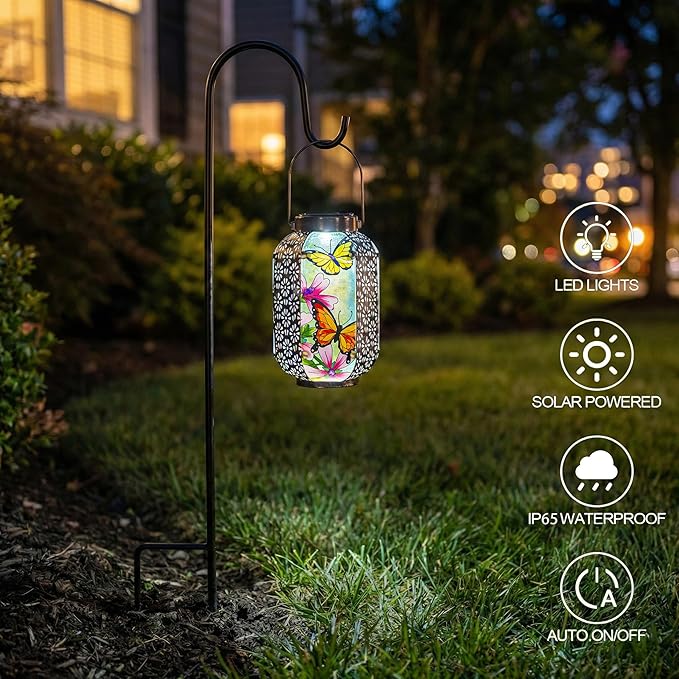 Solar Butterflies Lantern Outdoor Hanging Garden Decor – Waterproof Metal & Stained Glass Light with Handle Decorative Retro Yard Art for Patio, Porch, Table, Pathway – Gardening Gift for Mom & Women