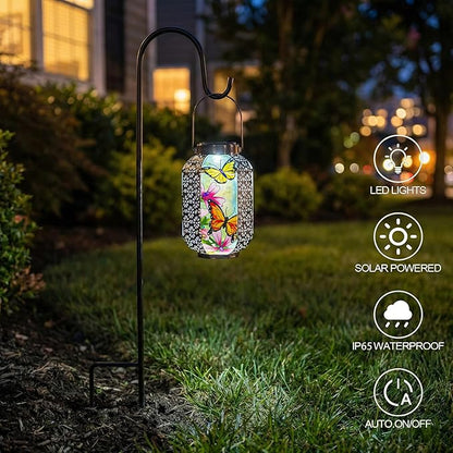 Solar Butterflies Lantern Outdoor Hanging Garden Decor – Waterproof Metal & Stained Glass Light with Handle Decorative Retro Yard Art for Patio, Porch, Table, Pathway – Gardening Gift for Mom & Women