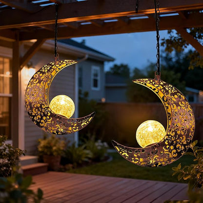 Hanging Solar Lights Outdoor Decor,Moon Garden Statues Decorative Waterproof Metal Figurines Lamp Outside Yard Decorations,Unique Ideas Birthday Gifts for Women Mom Mothers Day Fairy Accessories