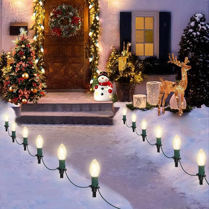 45Ft C9 Led Christmas Pathway Lights Outdoor, 30 Warm White Bulbs Waterproof Connectable Christmas Walkway Lights for Driveway, Yard, Lawn, Sidewalk Decorations