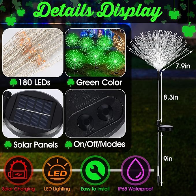 6 Pcs St. Patrick's Day Solar Firework Stake Lights 180 LED 8 Modes Waterproof LED Sparkler Lights Outdoor Decoration for Irish Garden Patio Yard Pathway Walkway Lawn, Green