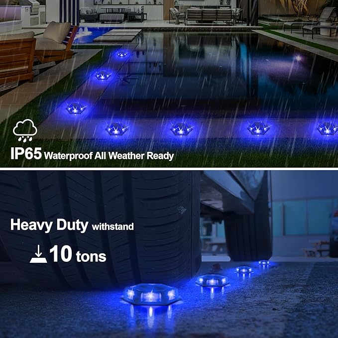 Solar Dock Lights Driveway Deck Lights - 12 Packs Waterproof Outdoor LED Aluminum Dock Lighting Warning Step Light for Driveway Sidewalk Garden Pathway Yard (Blue)