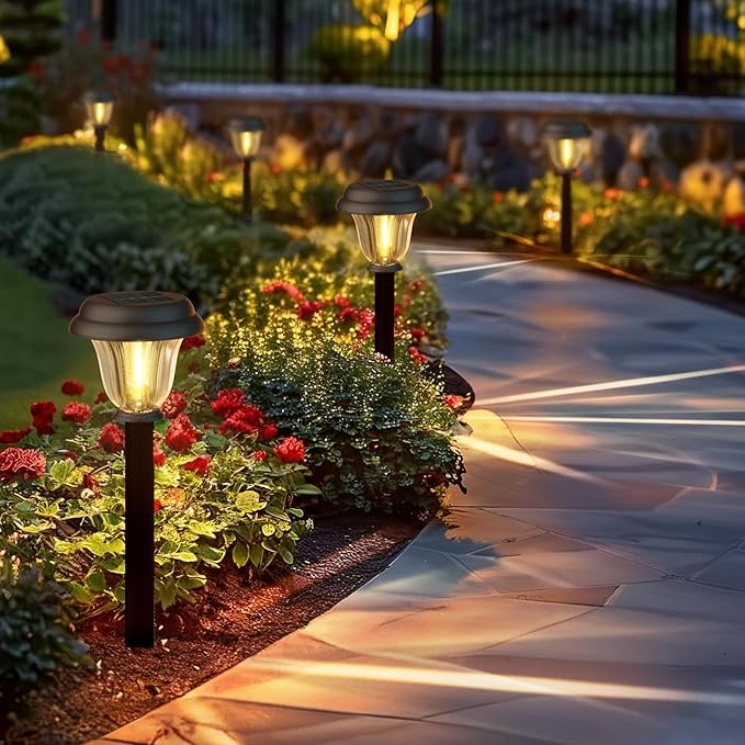 DERAYSION 8 Pack Solar Lights Outdoor, Stainless Steel Glass Solar Pathway Lights, Auto On/Off Long-Lasting Waterproof Landscape Lighting for Garden, Landscape, Path, Yard, Warkway (Warm White)