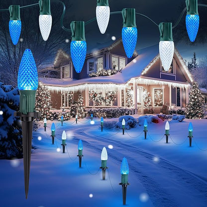 Brightown C9 Christmas Lights Outdoor, 25.7 Ft Strawberry C9 Christmas Pathway Lights with 20 LED Bulbs and Stakes, Christmas Decorations Outside Walkway Sidewalk Holiday, Blue and White
