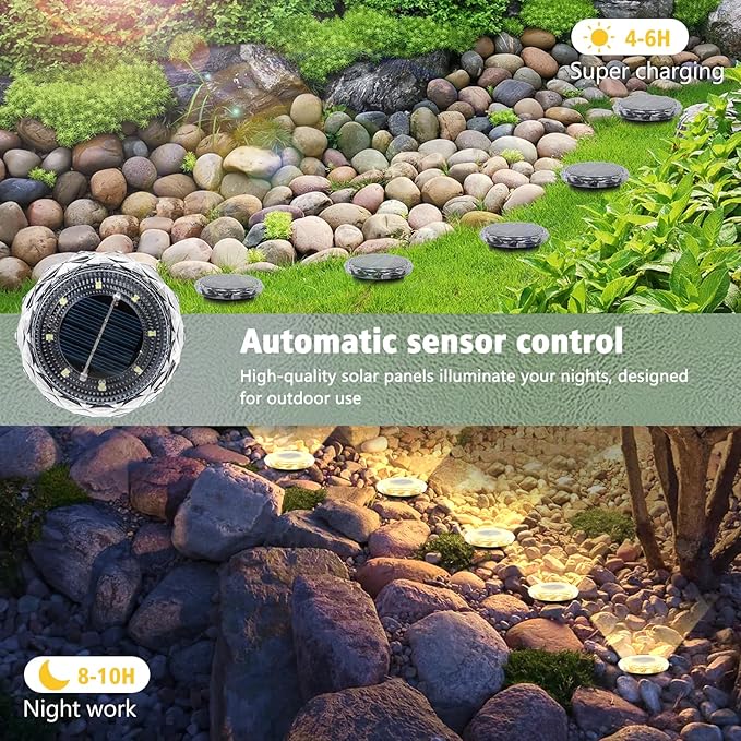 echosari Solar Ground Lights 6 Pack, Upgraded Solar Garden Lights Auto ON/Off Landscape Lighting Outdoor In-Ground Lights Waterproof Long Lasting for Pathway Walkway Patio (Warm White)