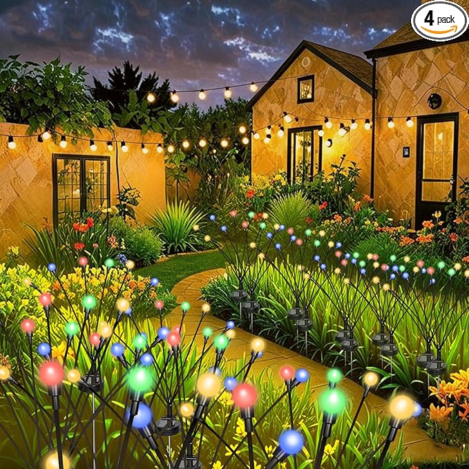 4 Packs Firefly Lights Solar Outdoor, 24 LED Multicolor Solar Walkway Light Outdoor, Waterproof Garden Decor with 2 Modes, Lawn Lights for Front Yard Backyard Yard and Pathway