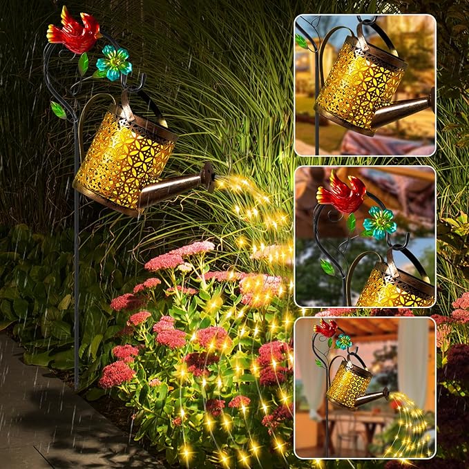 Mothers Day Gifts Solar Lights Outdoor, Watering Can with Cascading Lights, Watering Can with Hook Solar Lantern, Gardening Decor for Yard Patio, Gardening Gifts for Mom Grandma Women (2 Pack)