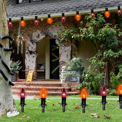 C9 Outdoor Halloween Pathway Lights - 19.5Ft Orange & Black Bulbs with 10 Stakes, Connectable Waterproof Markers for Yard, Lawn & Garden Decor