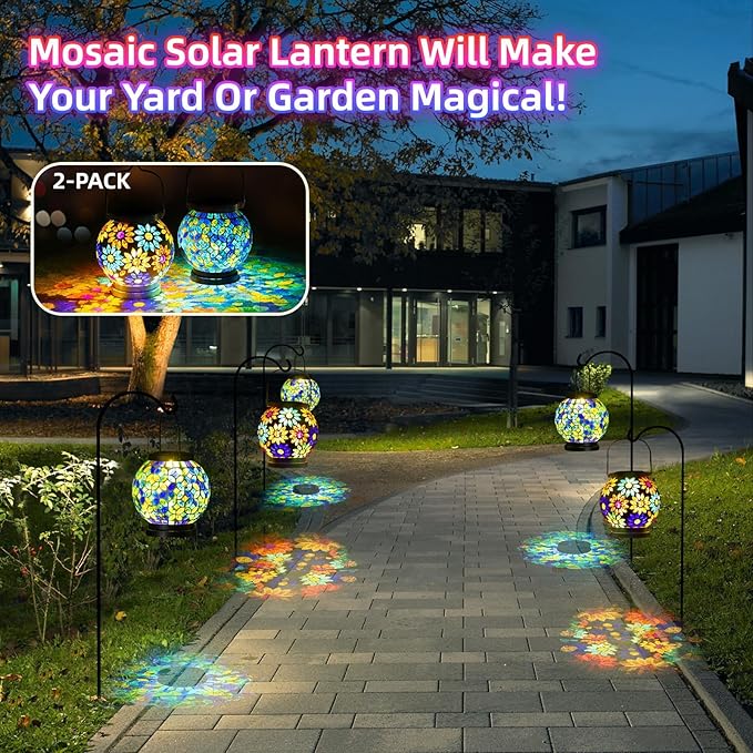 VOREEN 2 Pack Mosaic Solar Lanterns, Handmade Outdoor Glass Hanging Lights, Solar Table Lamps, Waterproof Night Lights, Gift for Mom Wife Friend, Decor for Garden, Patio, Yard, Party, Balcony, Round